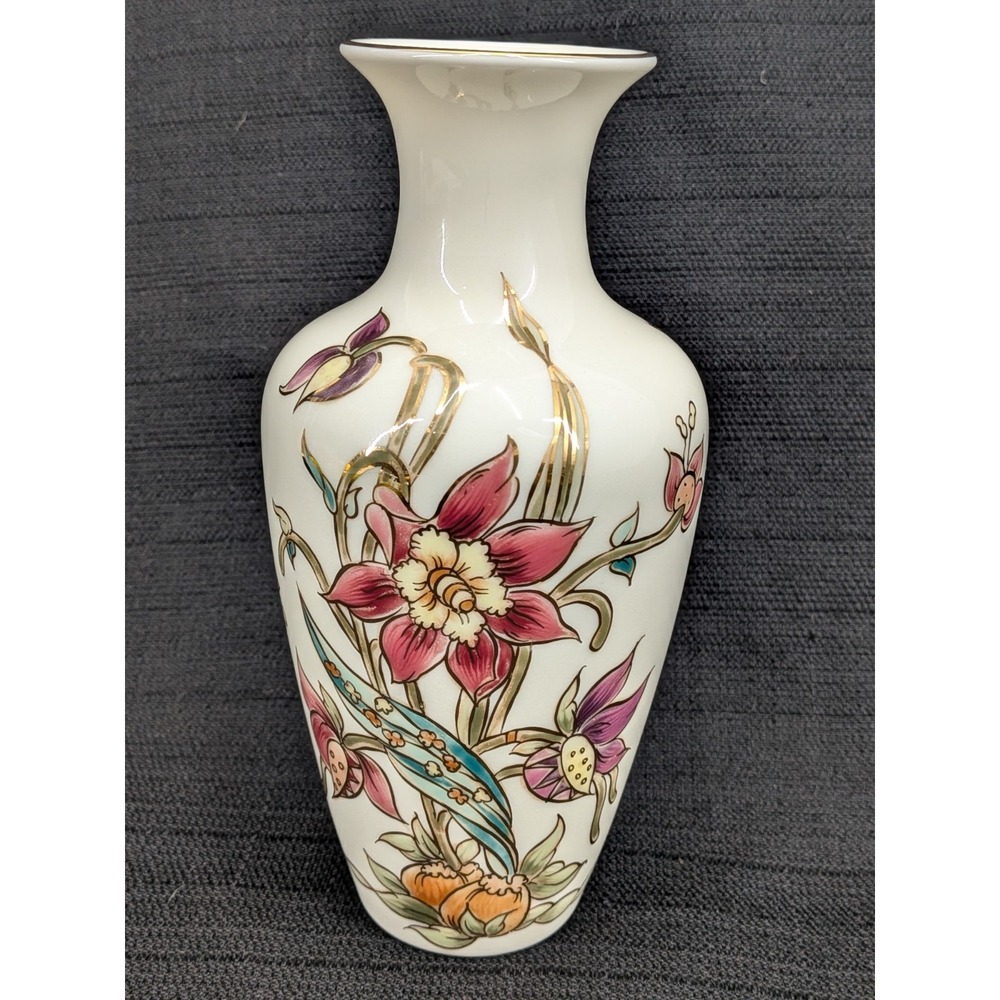 Zsolnay  Hand Painted Porcelain Floral Vase with 24K Gold 6 1/2"
